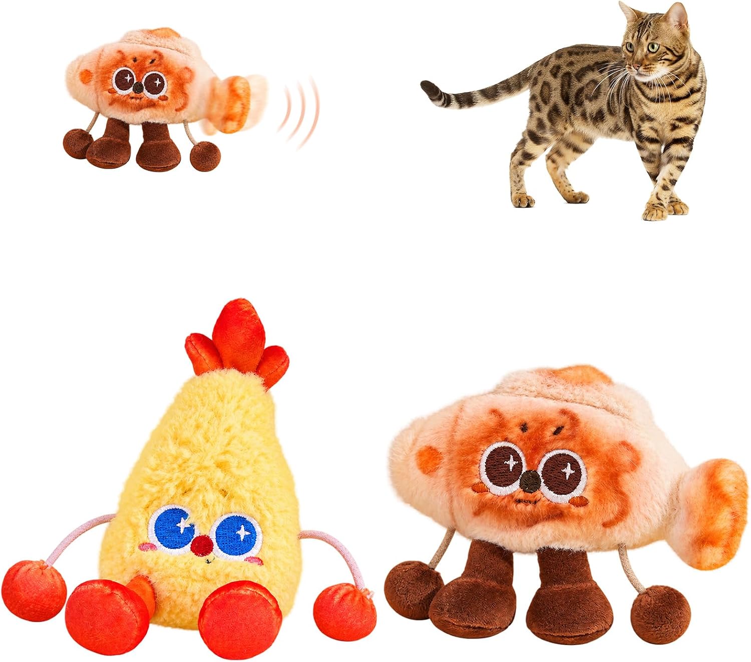 Petgravity jumpy shrimp and taiyaki electric cat toys, tap activated, 2 pack